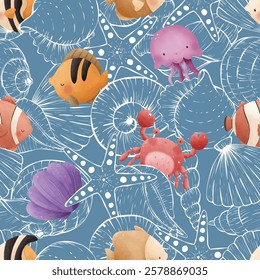 Adorable and fun ocean life seamless pattern