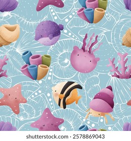 Adorable and fun ocean life seamless pattern
