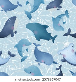 Adorable and fun ocean life seamless pattern