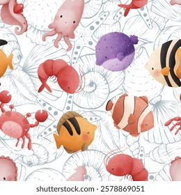 Adorable and fun ocean life seamless pattern