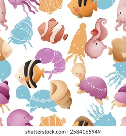 Adorable and fun ocean life seamless pattern