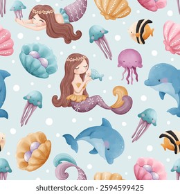 Adorable and fun ocean life seamless pattern