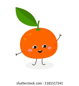 Adorable funny cartoon tangerine friendly waving hand Hi. Vector flat illustration isolated on white background 