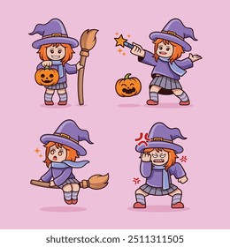 Adorable and funny cartoon wizard girl character vector illustration, perfect for Halloween festival designs, trick-or-treat themes and children's Halloween costumes.