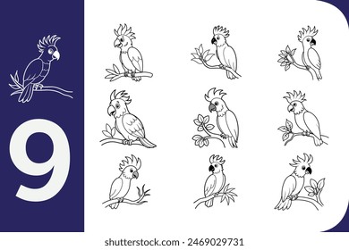 Adorable and funny cockatoo parrot cartoon perched on a tree. Perfect for adding a playful touch to your designs, posters, and illustrations.