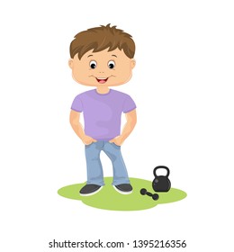 Adorable funny super boy isolated on white background. The Sports little kid is standing with his hands in the sides.Vector illustration.