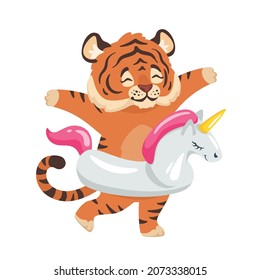 Adorable funny tiger in inflatable unicorn circle isolated on white background. Kawaii cartoon character.