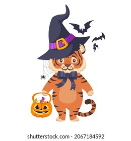 Adorable funny tiger in witch hat holding basket with candies isolated on white background. Wall poster kawaii cartoon character. 