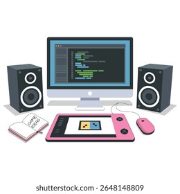 adorable game developer desk with pastel drawing tablet, PC monitor, music speakers, and notebook, flat cartoon vector, white background