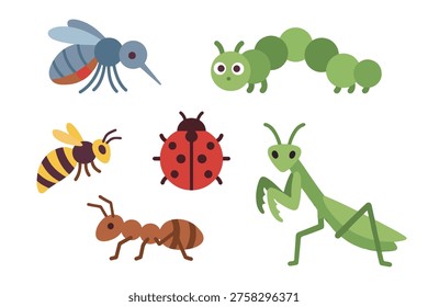 Adorable Garden Insects and Bugs Set, Bee, Caterpillar, Ladybug, Ant, Mosquito, and Mantis, Cute Flat Vector Illustration for Preschool