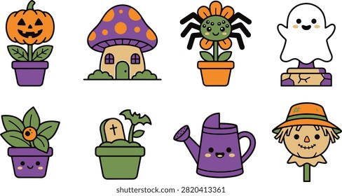 Adorable gardening set featuring pumpkin flower mushroom house ghost garden statue and spooky watering can