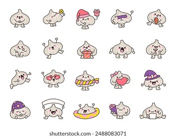 Adorable garlic character. Funny cartoon vegetable with a cute face. Hand drawn style. Vector drawing. Collection of design elements.