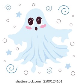 Adorable ghost with big eyes trying to be spooky, perfect for Halloween themed designs, decorations, and invitations.
