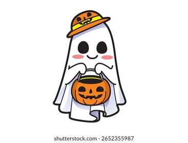 Adorable ghost character wearing a playful pumpkin-themed hat and holding a smiling pumpkin bucket, perfect for Halloween festivities