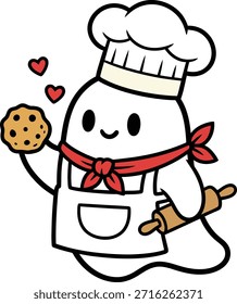 Chef fantasma adorável vestindo um toque e avental segurando um biscoito de chocolate e rolo pin. Mascote de padaria extravagante para marca de comida de Halloween e decoração de cozinha fofa.
