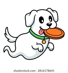 Adorable ghost dog cartoon with green collar and tag plays fetch, holding an orange frisbee in its mouth.