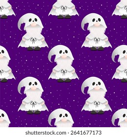 Adorable ghost gnome seamless pattern on a purple background with tiny stars. Great for Halloween decor, kids' crafts, and spooky fabric projects.