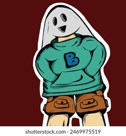 adorable ghost in green hoodie and brown shorts. This ghost smiles broadly and has a cheerful expression