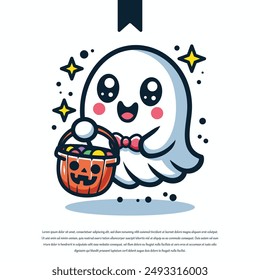 Adorable ghost holding a pumpkin-shaped bucket full of candy. Perfect for Halloween and festive designs, this charming character adds a sweet and spooky touch to any project.