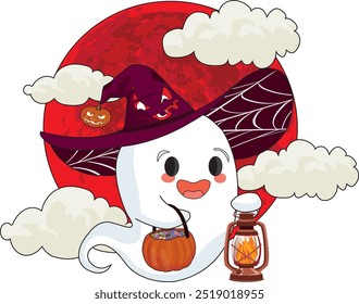 Fantasma adorável no caminho, segurando uma cesta de doces e uma vela