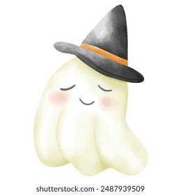 Adorable Ghost in Witch Hat Illustration