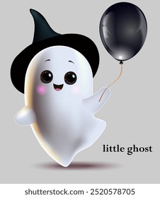  Adorable ghost in a witch's hat with a balloon.