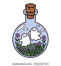 Adorable Ghosts in a Bottle with Flowers Cartoon Illustration
