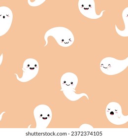 Adorable ghosts on orange background. Seamless vector Halloween pattern.