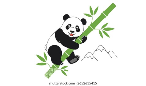 Adorable Giant Panda Clinging to a Lush Green Bamboo Stalk Against a Mountain Backdrop