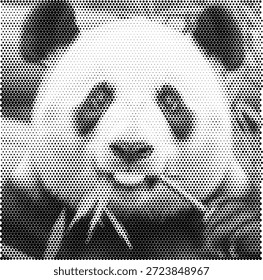 Adorable cara de panda gigante masticando bambú, ilustrado en un audaz patrón de punto de semitono. Esta encantadora ilustración de vida silvestre captura las queridas especies en peligro de extinción con detalles entrañables. Adecuado para Materiales promocionales de zoológicos, campañas de conservación de la vida silvestre y libros educativos para niños. Ideal para proyectos centrados en la naturaleza. Ilustración limpia para un uso versátil en varios medios.