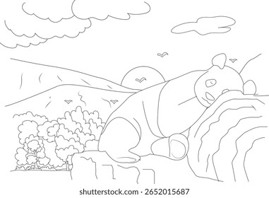 Adorável Panda Gigante Cochilo na Natureza, Preto e Branco Desenho para colorir, Relaxando a Ilustração da Vida Selvagem.