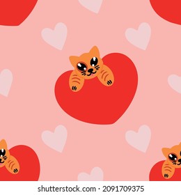 Adorable ginger cat on big red heart on pink background with hearts. Pattern. Vector illustration for use as design element in design of sites menus for printing on fabric and various stationery.