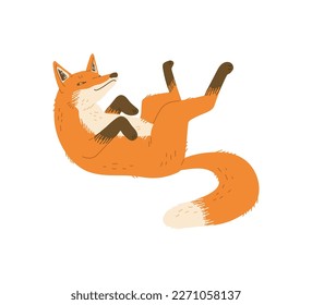 Adorable ginger fox cartoon character laying on her back, flat hand drawn vector illustration isolated on white background. Wild forest fox animal character.