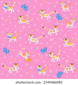 Adorable ginger kittens play on a pink background in vector among cat footprints, hearts, stars. Seamless sweet fabric print for babies, newborns with symbols of the Chinese year of the cat, 2023.