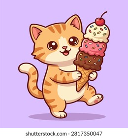 An adorable ginger tabby cat is happily carrying a large waffle cone with three scoops of ice cream topped with a cherry. This kawaii character design is perfect for summer posters, greeting cards, and nursery art.