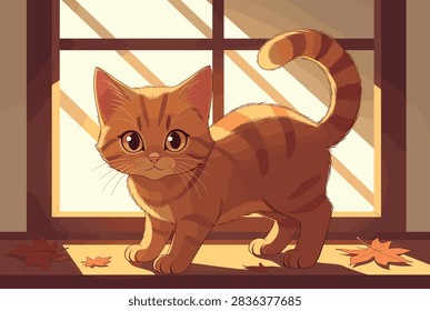 Adorable ginger tabby kitten standing on a windowsill in the sunlight with autumn leaves outside the window during a warm day.