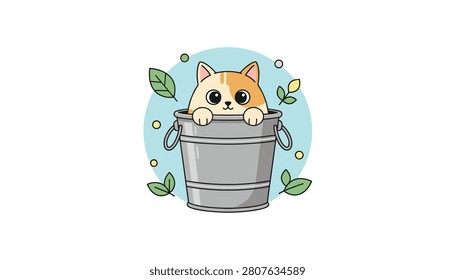 Adorable ginger and white kitten peeking curiously out of a metal bucket surrounded by green leaves and small yellow circles.