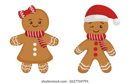 Adorable gingerbread girl and boy in holiday scarves and hats. Cozy clipart for festive, family-friendly Christmas designs.

