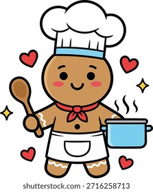 Liebenswert Lebkuchen Mann Chef Charakter tragen einen Hut und Schürze, hält einen Topf und Löffel aus Holz. Kawaii Feiertagsbackgrafik für festliche Küchendesigns.
