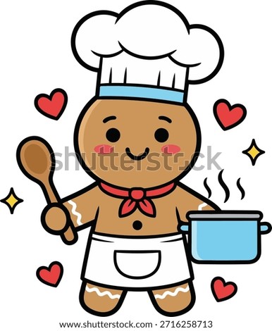 Adorable gingerbread man chef character wearing a hat and apron, holding a pot and wooden spoon. Kawaii holiday baking illustration for festive kitchen designs.
