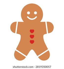 Adorable gingerbread man cookie decorated with white icing and red hearts, perfect for holiday celebrations and festive treats.