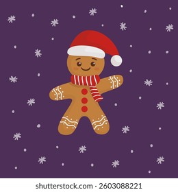 Adorable gingerbread man cookie wearing a festive Christmas hat. Perfect for holiday designs, greeting cards, decorations, and winter-themed illustrations. Brings warmth and joy to the season!