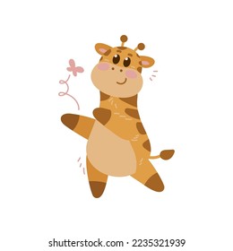 Adorable giraffe cartoon character dancing vector illustration. Watercolor drawing with cute baby animal dancing on white background. Wildlife concept for birthday card design