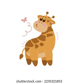 Adorable giraffe cartoon character looking back vector illustration. Watercolor drawing with cute baby animal standing on white background. Wildlife concept for birthday card design