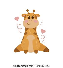 Adorable giraffe cartoon character sitting vector illustration. Watercolor drawing with cute baby animal sitting and smiling on white background. Wildlife concept for birthday card design