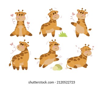 Adorable giraffe cartoon character vector illustrations set. Collection of watercolor drawings with cute baby animal in different poses on white background. Wildlife concept for birthday card design