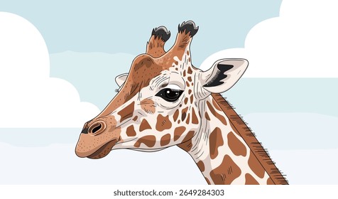 Adorable Giraffe with Distinctive Spots and Long Neck Under a Cloudy Sky on a Sunny Day