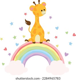 Adorable giraffe on top of rainbow
