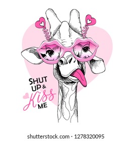 Adorable Giraffe in a pink Lips Sunglasses with hearts. Shut up & kiss me - lettering quote. Humor Card of a Valentine's day, t-shirt composition, hand drawn style print. Vector illustration.