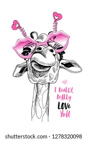 Adorable Giraffe in a pink Lips Sunglasses with hearts. I really love you - lettering quote. Humor Card of a Valentine's day, t-shirt composition, hand drawn style print. Vector illustration.